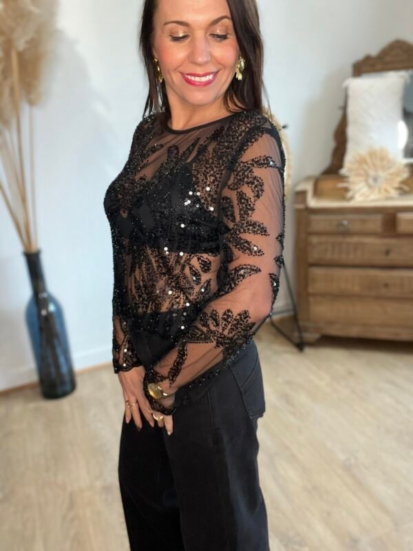 Blouse noire transparente à sequins - Modèle Flore