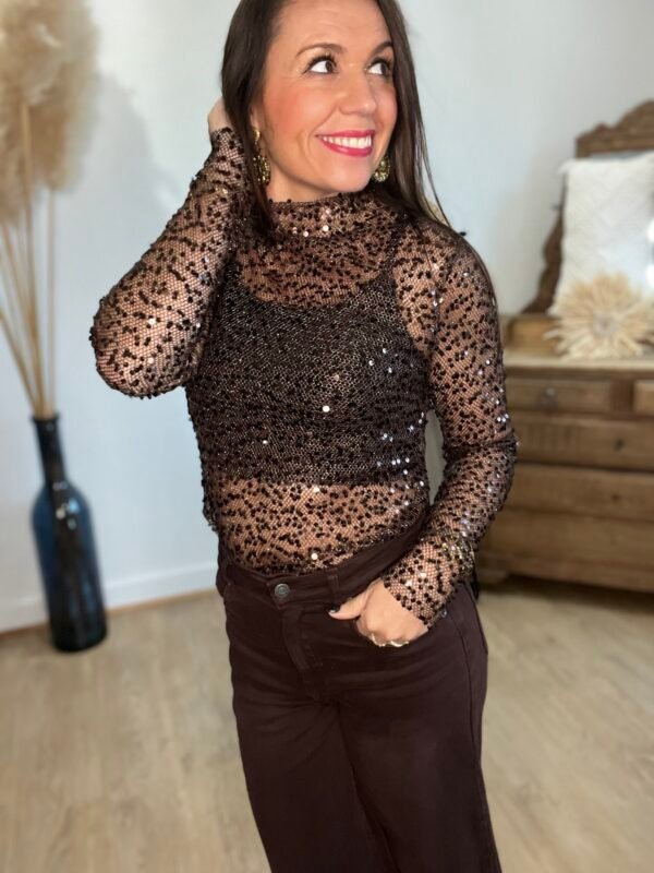 Top transparent à sequins marron - modèle Phibie