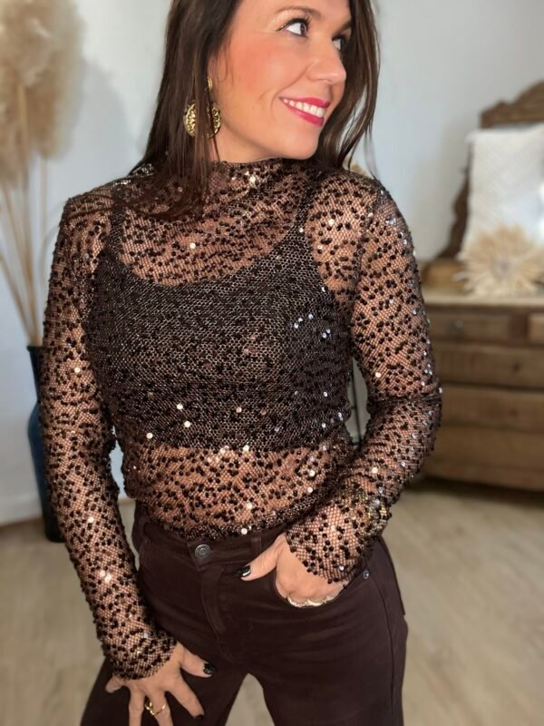 Top transparent à sequins marron - modèle Phibie