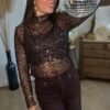 Top transparent à sequins marron - modèle Phibie