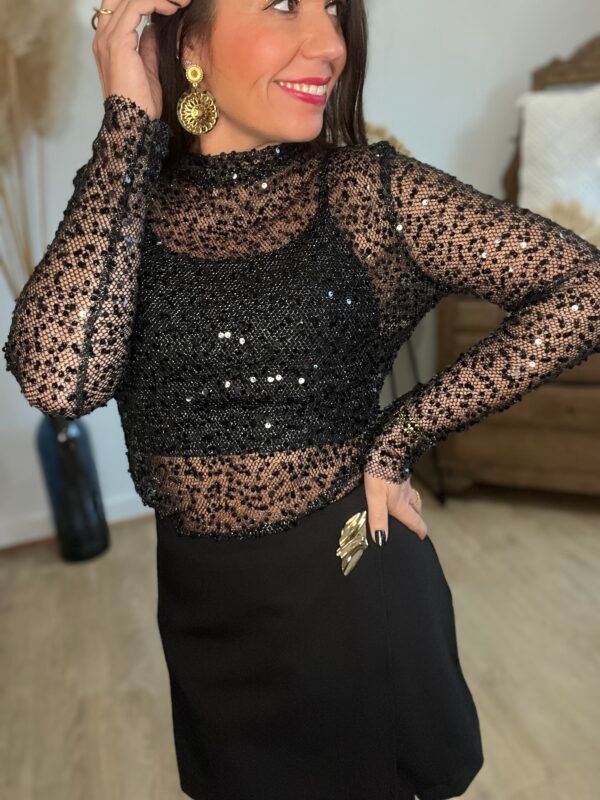 Top transparent à sequins Noir - modèle Phibie