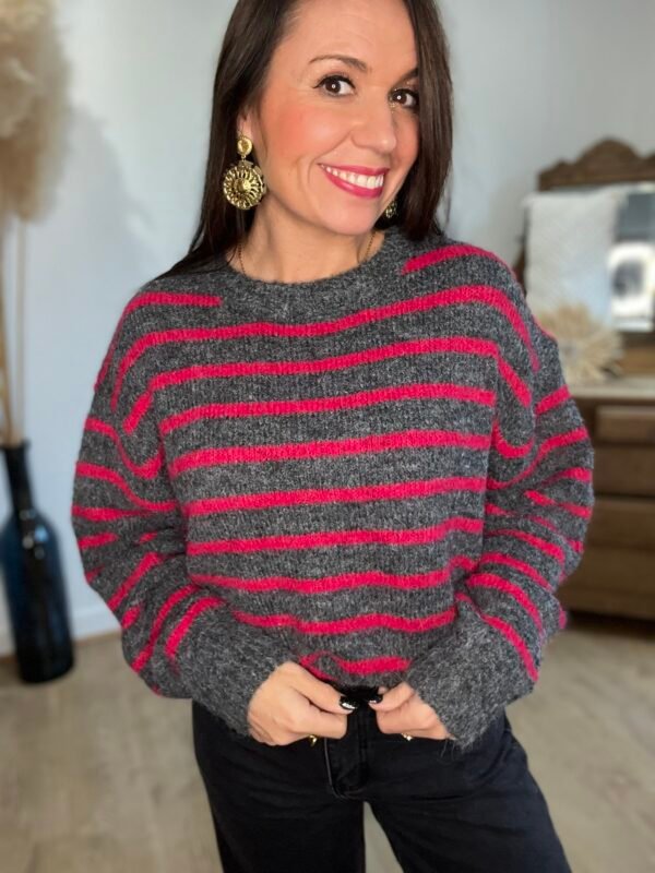 Pull rayé gris et rose – Modèle Rachel