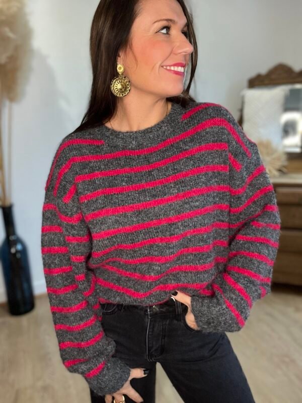 Pull rayé gris et rose – Modèle Rachel