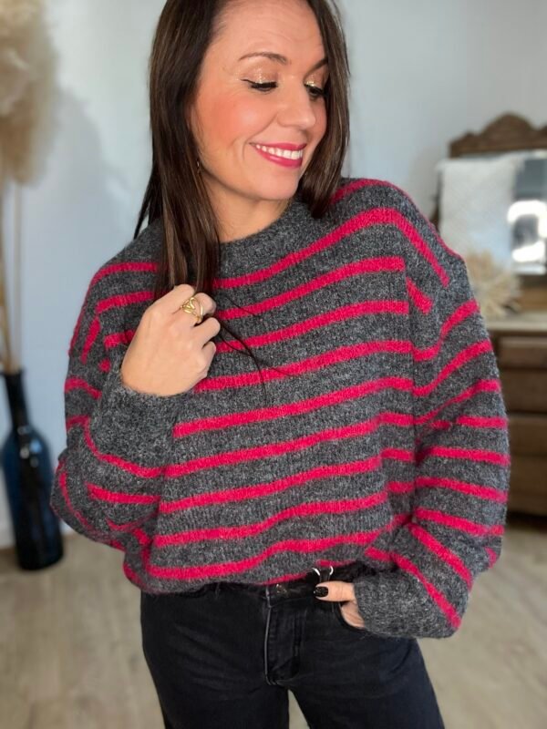 Pull rayé gris et rose – Modèle Rachel