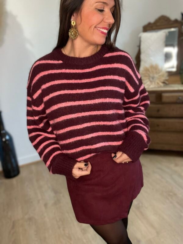 Pull rayé bordeaux et rose  – Modèle Rachel