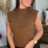 pull lurex sans manches marron Pull sans manches pailletté caramel - Modèle Toby
