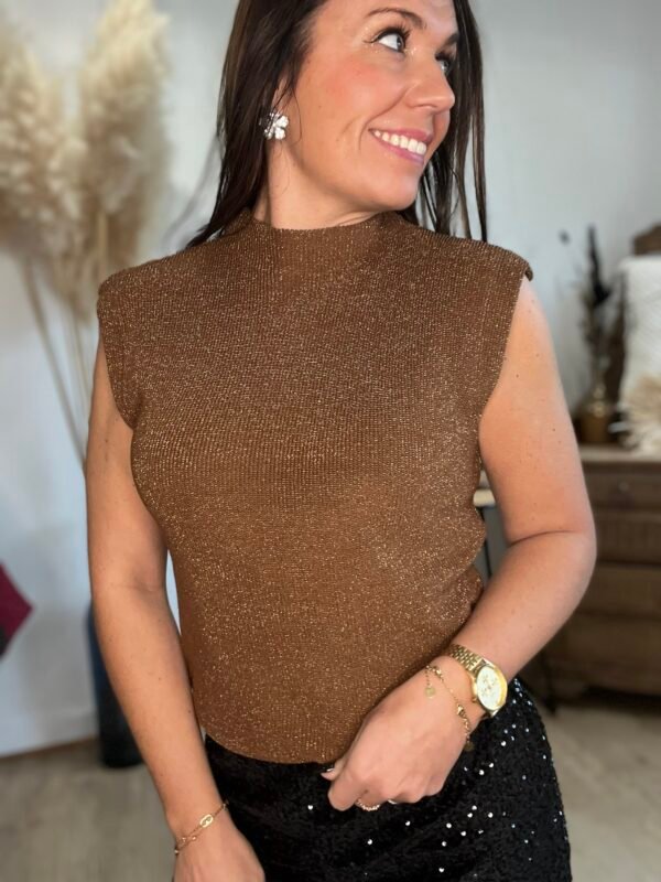 pull lurex sans manches marron Pull sans manches pailletté caramel - Modèle Toby