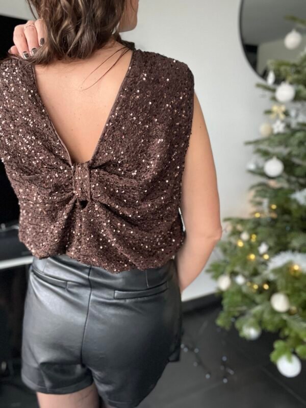 Top a sequins marron dos en V- Modèle Shine