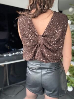 Top a sequins marron dos en V- Modèle Shine