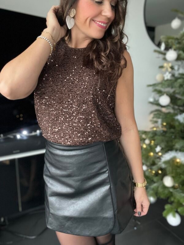 Top a sequins marron dos en V- Modèle Shine