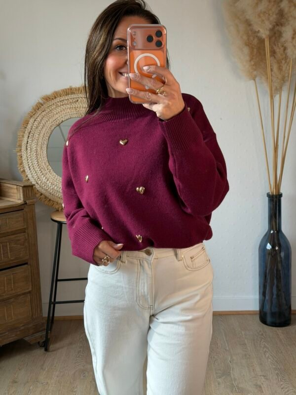 Pull bordeaux à cœurs métalliques– Modèle