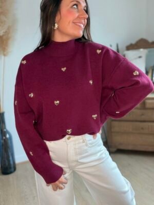 Pull bordeaux à cœurs métalliques– Modèle