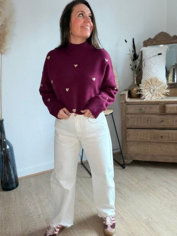 Pull bordeaux à cœurs métalliques– Modèle