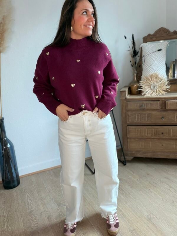 Pull bordeaux à cœurs métalliques– Modèle