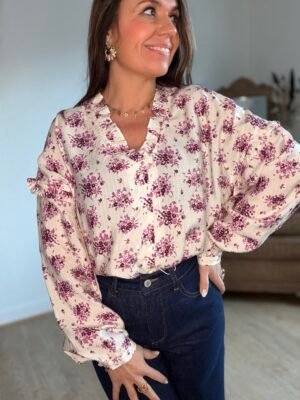 Blouse écru imprimé violine  - Modèle Janisse
