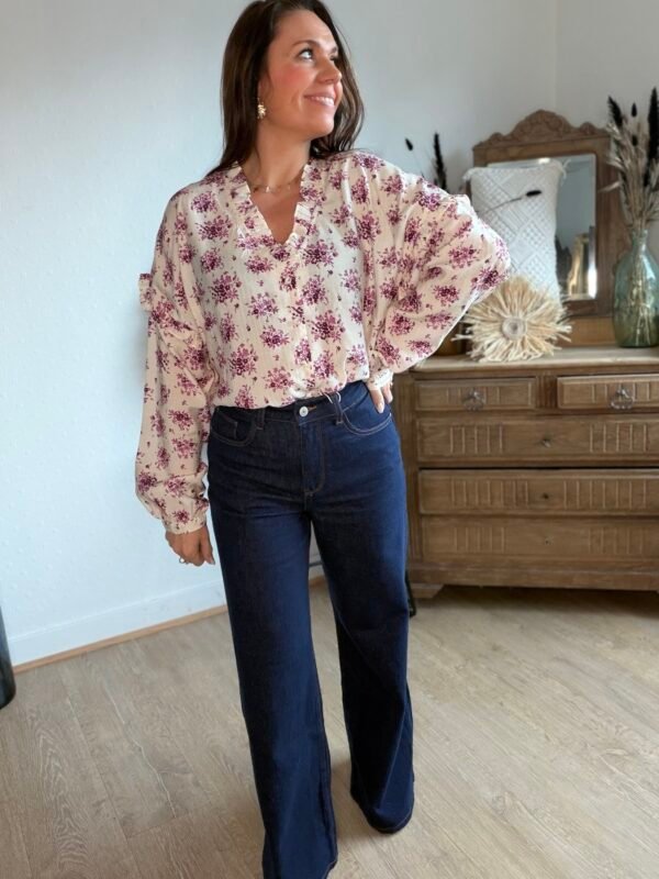 Blouse écru imprimé violine  - Modèle Janisse