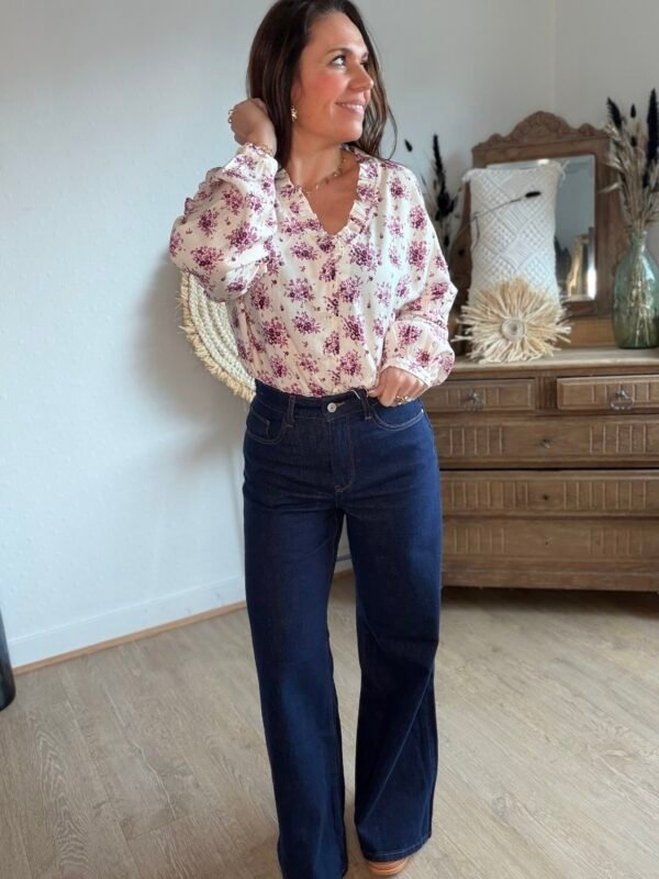 Blouse écru imprimé violine  - Modèle Janisse