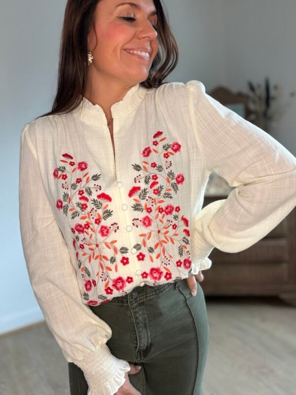 Blouse écru motif brodés colorés - Modèle Ally
