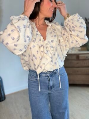 Blouse écru imprimé florale bleu - Modèle Jade