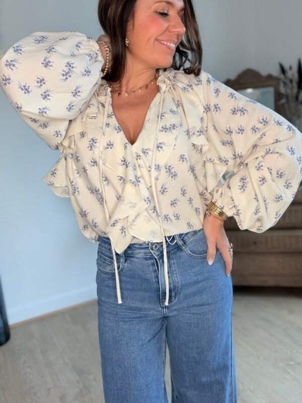 Blouse écru imprimé florale bleu - Modèle Jade