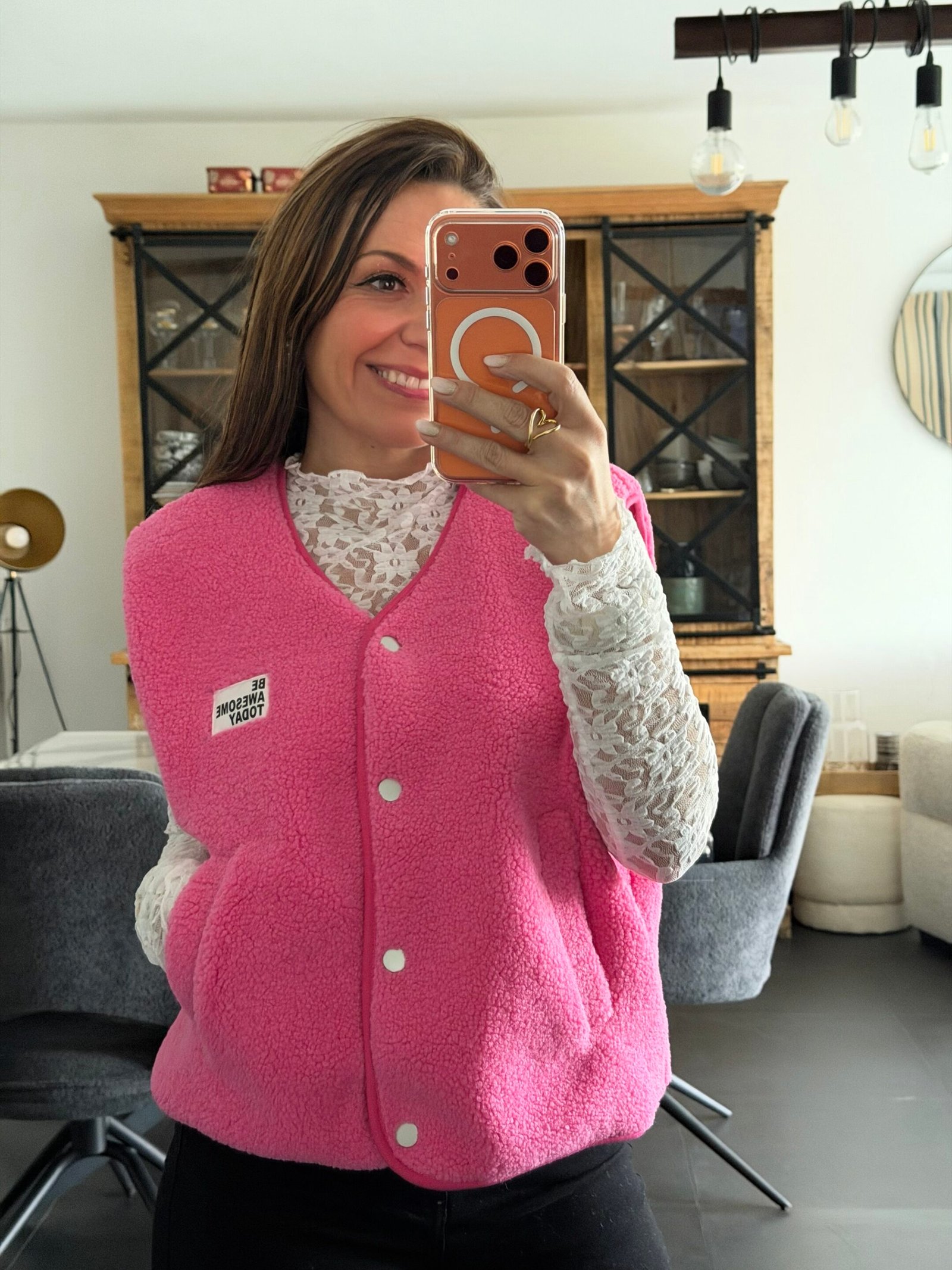 Gilet sans manches sherpa rose – Modèle Gisèle