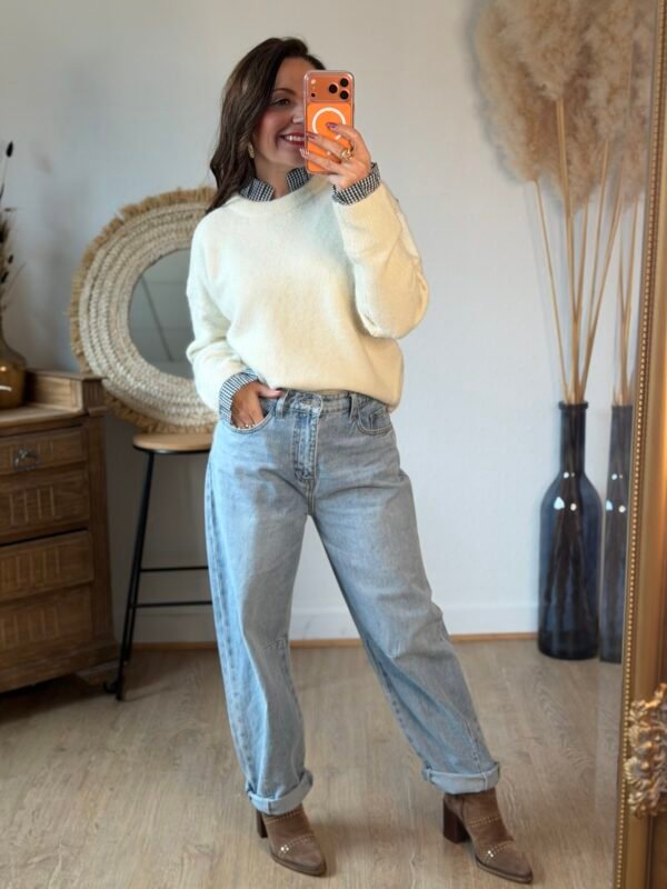 Pull écru col Vichy - Modèle Suzanne