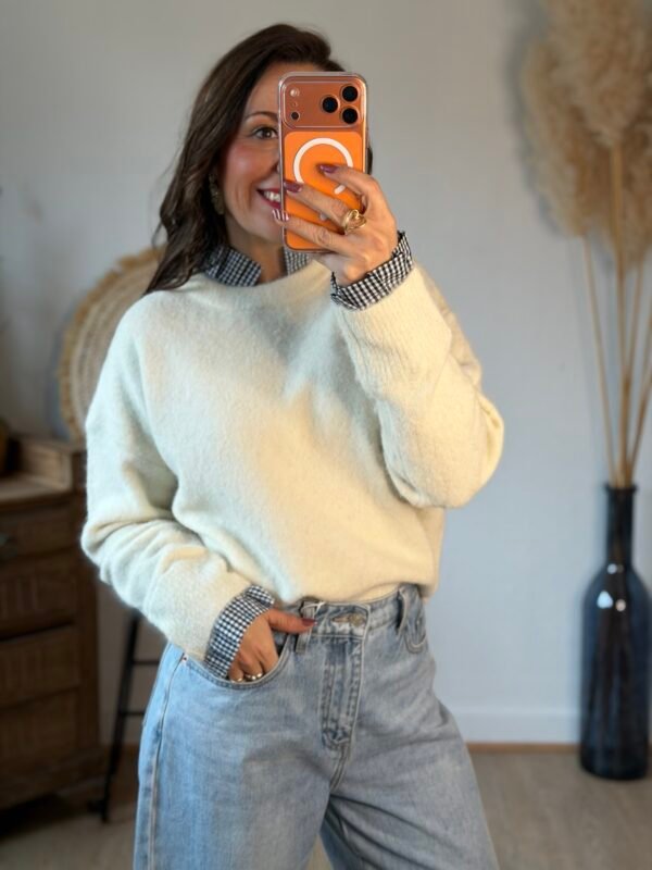 Pull écru col Vichy - Modèle Suzanne