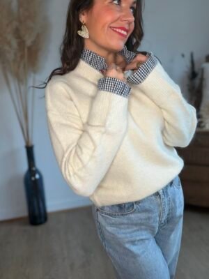 Pull écru col Vichy - Modèle Suzanne