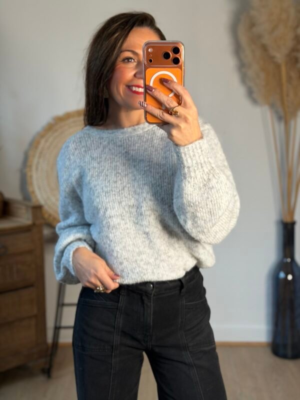 Pull réversible à noeud torsade gris clair – Modèle Orlane