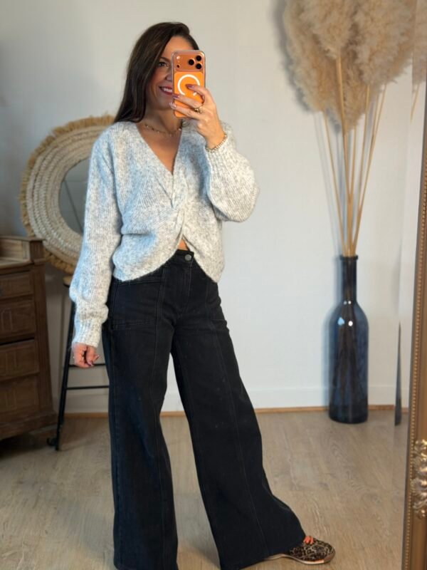 Pull réversible à noeud torsade gris clair – Modèle Orlane