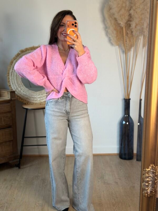 Pull réversible à noeud torsade rose – Modèle Orlane