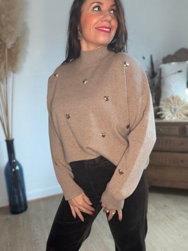 Pull taupe à cœurs métalliques– Modèle