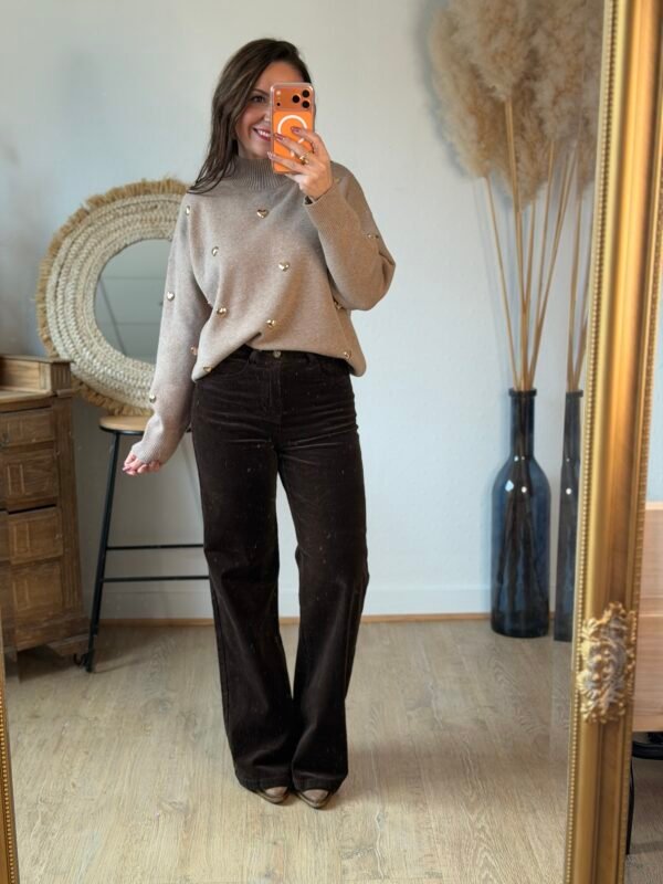 Pull taupe à cœurs métalliques– Modèle