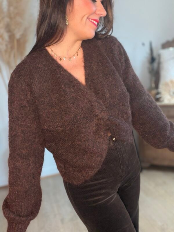 Pull réversible à noeud torsade marron  – Modèle Orlane
