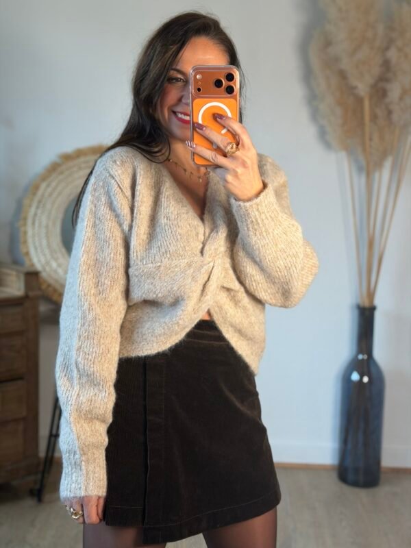 Pull réversible à noeud torsade taupe – Modèle Orlane