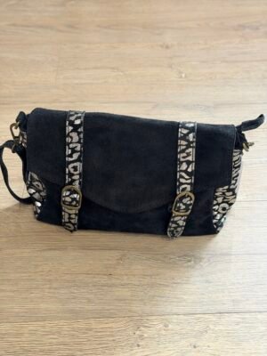 Sac besace cuir Suède noir léopard – Modèle Lydia