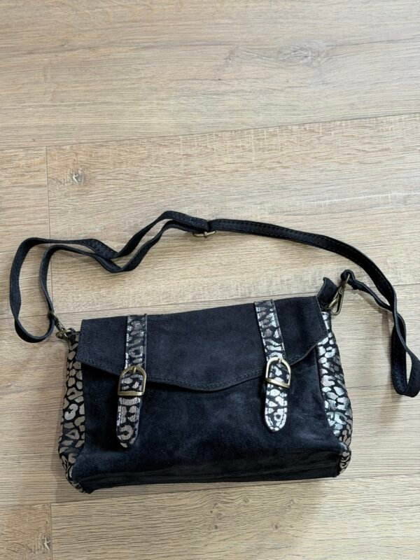 Sac besace cuir Suède noir léopard – Modèle Lydia