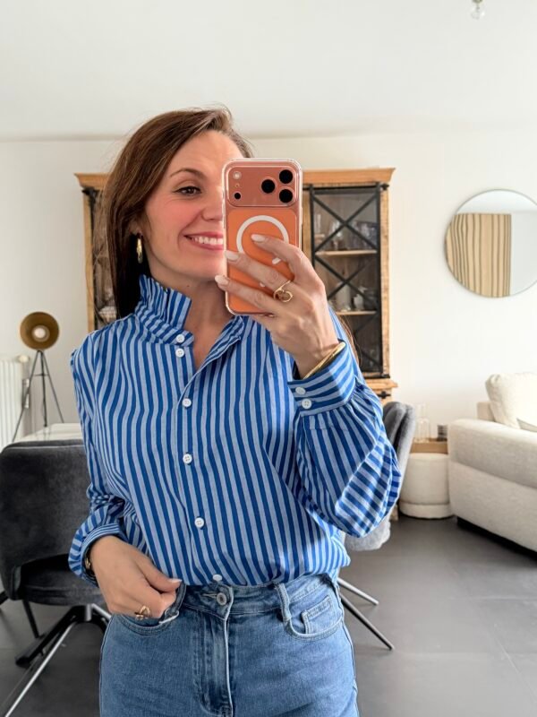 img_2637-2 Chemise rayée bleu à col montant - Modèle Agatha