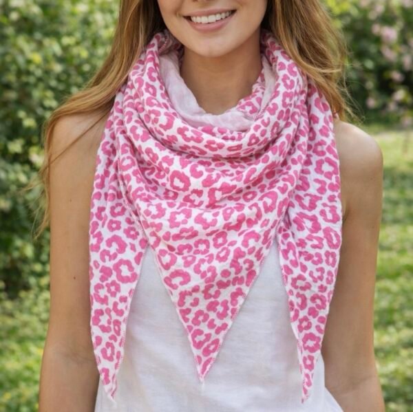 Foulard gaze de coton léopard rose blanc - Modèle Magdalena