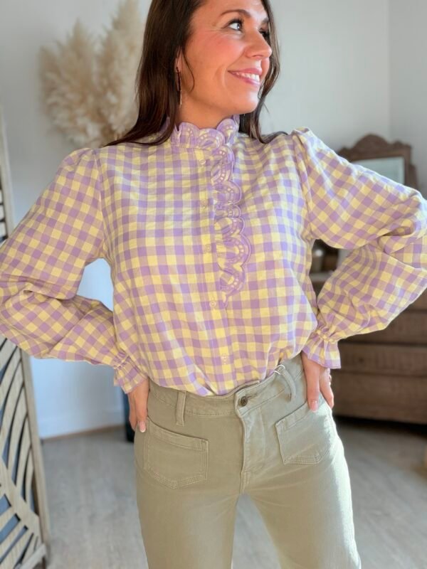 Chemise à carreaux lilas jaune  - Modèle Rachel