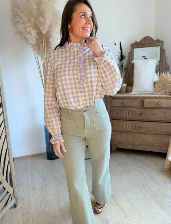 Chemise à carreaux lilas jaune  - Modèle Rachel
