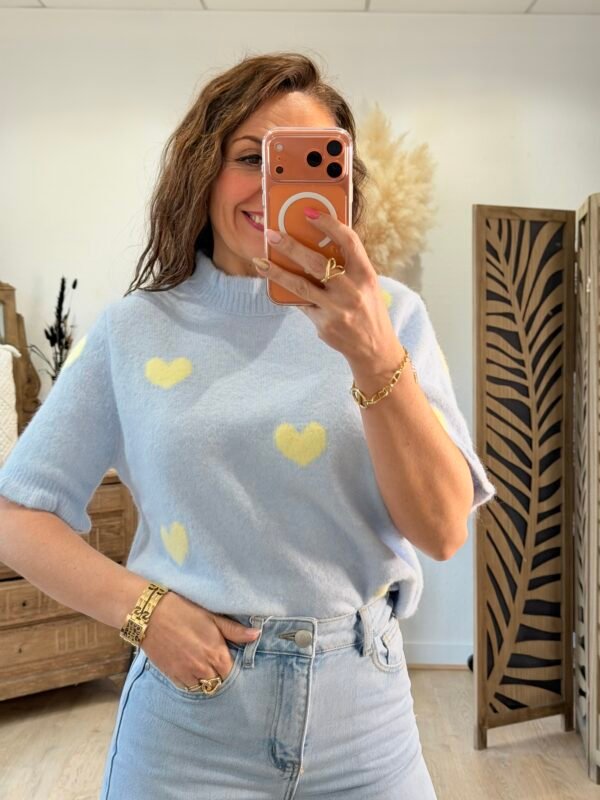 Pull bleu ciel à cœurs   - Modèle Bake