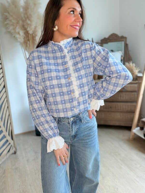Chemise Vichy et cœurs bleus - Modèle Lise