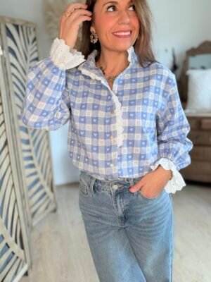 Chemise Vichy et cœurs bleus - Modèle Lise