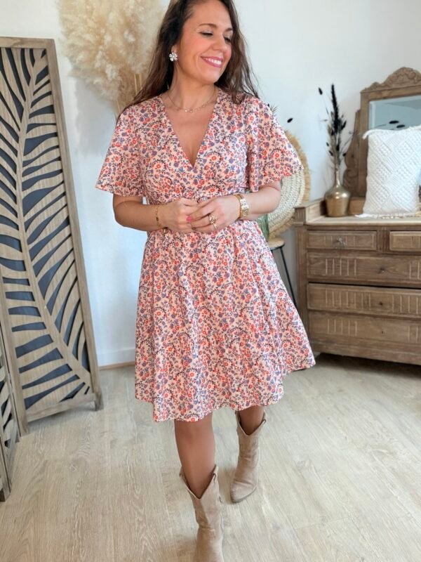 ROBE COURTE FLEURIE SAUMON ET BLEU Robe fleurie orange - Modèle Colline