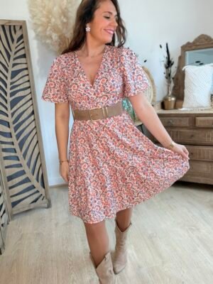 ROBE FLEURIE ORANGE ET BLEU Robe fleurie orange - Modèle Colline