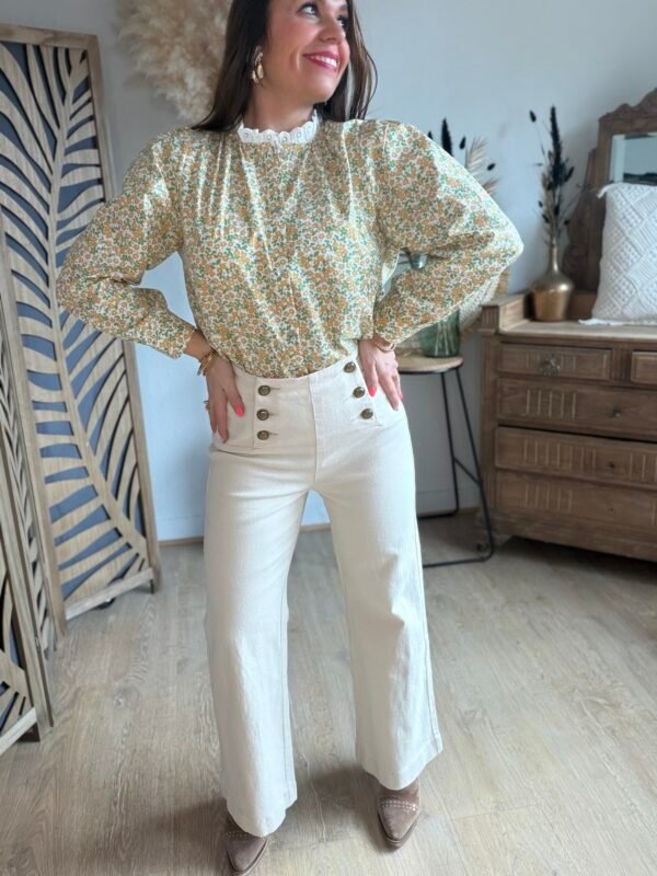 Jean wide beige à boutons - Modèle Victorine