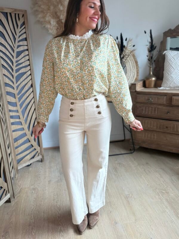 Jean wide beige à boutons - Modèle Victorine