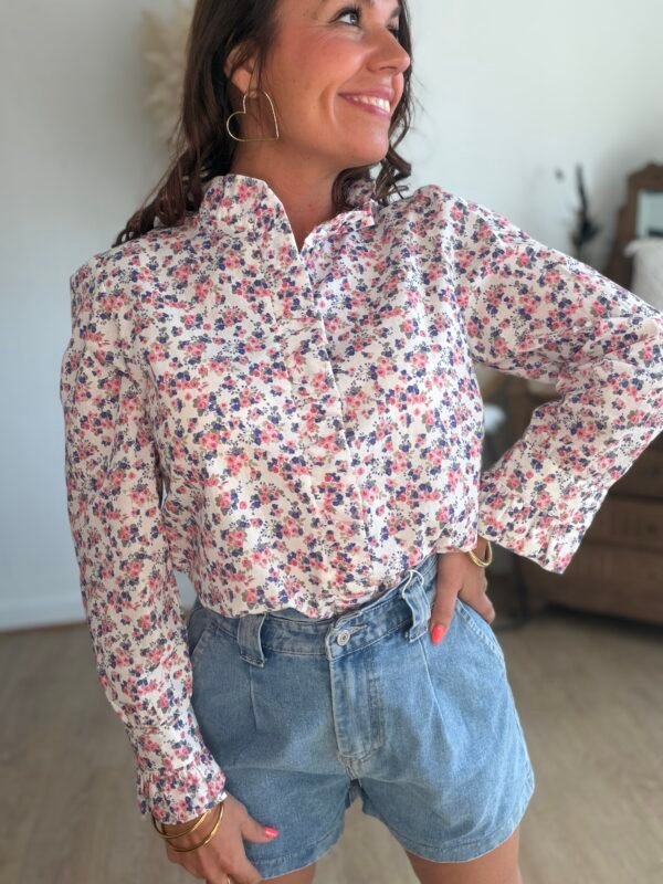 Chemise fleurie bleu rose - Modèle Cassy