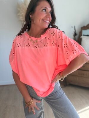 T shirt oversize délavé corail fluo - Modèle Jenner